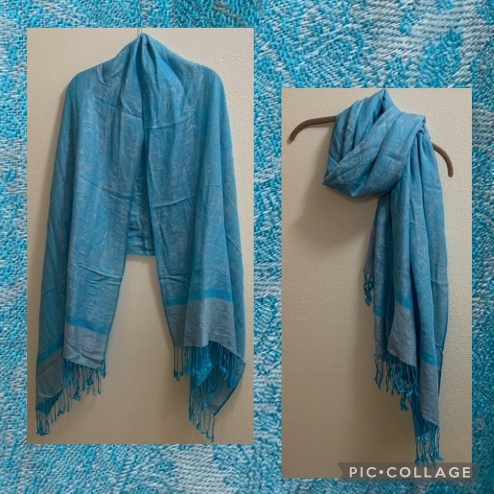 Blue Brocade Floral Paisley Shawl Wrap Scarf Reversible Cottagecore Christmas